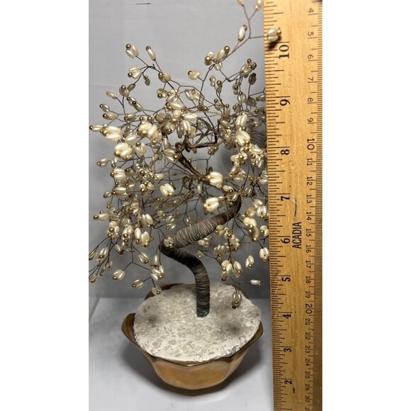 Ming Tree Wire Sculpture Bonsai Style Faux Pearl Bead Blossom Brass Pot 10" - Picture 6 of 6